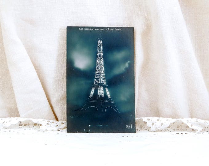 Unused Antique French Black and White Postcard, Eiffel Tower Illuminated by Citroen, Paris, French Decor, Shabby, Chic, Parisian, Brocante