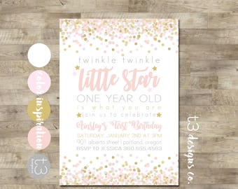 Twinkle Twinkle Little Star First Birthday Invitation, girl first birthday invitation, Pink Gold Invitation, Little Star Birthday Invite, T9