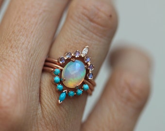 Ocean Engagement Ring Set, Solitaire Fire Opal with Moonstone Ring and Curved Turquoise band, Unique Wedding Ring Set, Three Ring Set