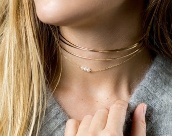 Dainty Pearl Choker Necklace • Simple Gold Choker • Beaded Chain Choker or Short Layering Necklace • Gold Fill, Sterling, Rose Gold, LN635