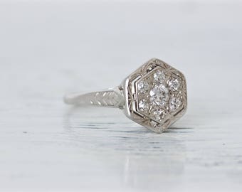 Vintage Engagement Ring | Antique Diamond Cluster Ring | Antique 14k White Gold Ring | 1920s Wedding Ring | Dainty Filigree Ring | Size 4.25