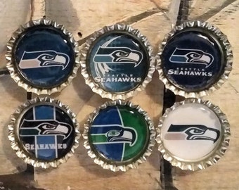 Six Seattle Seahawks Magnets on Silver Bottle Caps