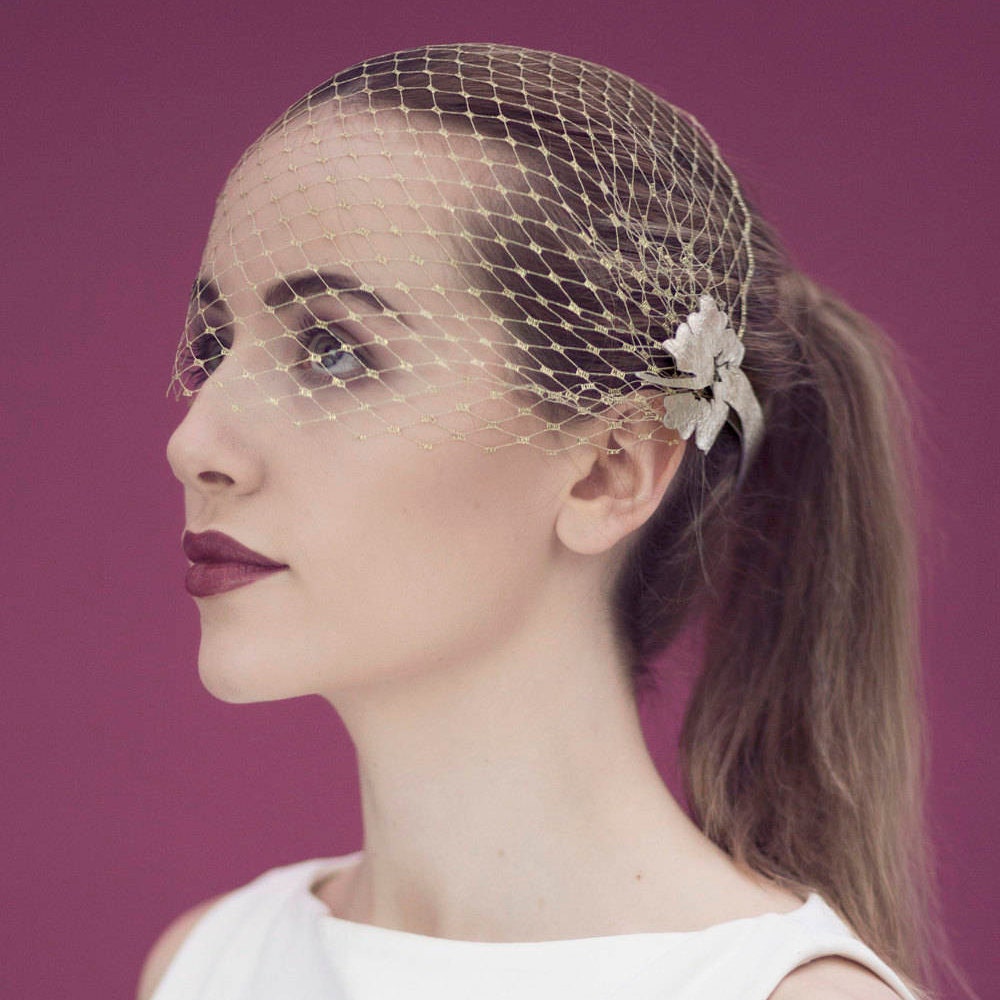 Modern Gold Birdcage Veil Hibiscus Flower Pattern Wedding