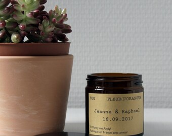 Bougie soja personnalisée "Apothecary" mèche bois fabriquée en France - témoin evjf mariage invités