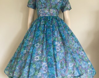 Lovley 50s Blue Floral Chiffon Party Dress / Full Skirt / Small Medium / Garden Party