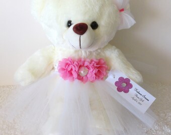 Flower Girl Tutu Teddy Bear in Custom Colors, flower girl gift, girl baby shower, 14inch ivory teddy bear, girls gift idea, wedding keepsake