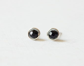 Minimalist Black Tourmaline Sphere Sterling Silver Stud Earrings/simple faceted round gemstone ear studs/ 5mm 6mm everyday post earrings B