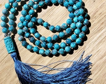 Mala Necklace - 108 Mala Beads Necklace with Silk Tassel - Blue Sea Sediment Jasper