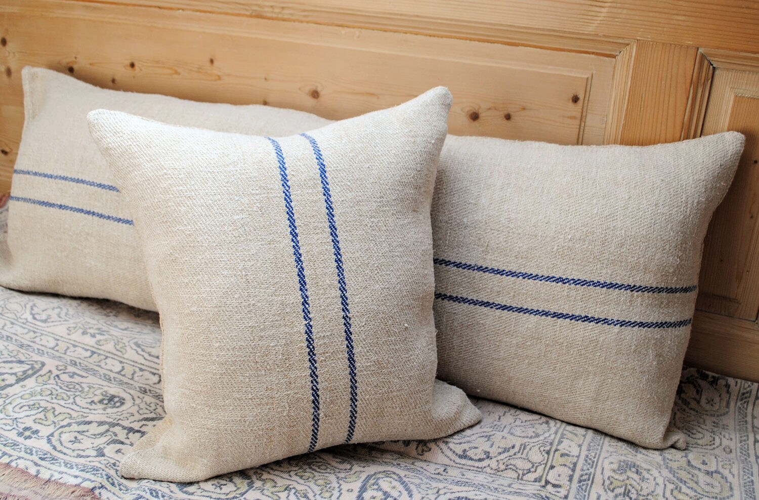 Authentic Grain Sack Body Pillow Sham Blue Stripes / Antique