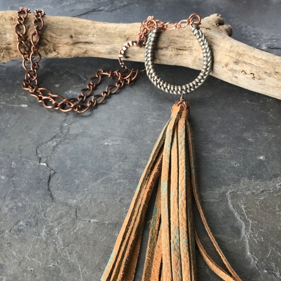 Leather Tassel Necklace With Handcrafted Braided Leather 