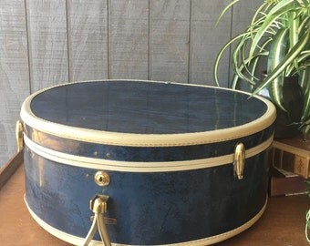 Vintage Navy Blue Marbled, Samsonite Round Suitcase, Hatbox Luggage, Train Case