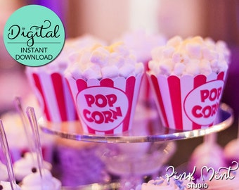 Popcorn Cupcake Wrappers, Circus Birthday, Carnival Birthday, Cupcake Decorations, Popcorn Box, Movie Night, Cinema, INSTANT DOWNLOAD #5423