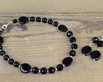 Black Faceted Beaded Necklace with Matching Earrings