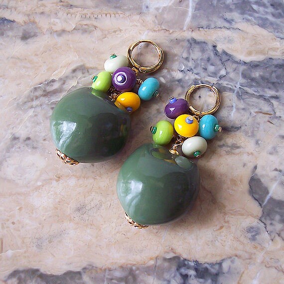 Olive Green Colored Kukui Nut Earrings With Colorful Handmade