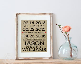 Adoption Day, Adoption Announcement, Adoption Gifts, Adoption Burlap d sign, Adoption Print on Real Burlap, Gift for Newborn, Nursery Art