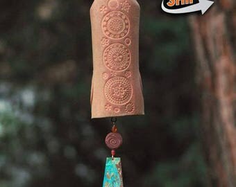 Ceramic Wind Chime Garden Bell with Circle Pattern, Unique Garden Art Decor Sculptured Bird, Copper Sail IN STOCK!