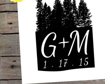 Trees Wedding Logo / Custom Couple's Initials and Date Bride & Groom / Forest Woodland Rustic Minimalist Digital Art File / Black and White