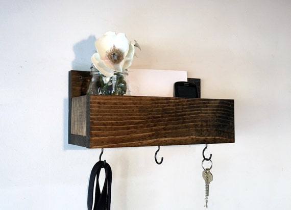 Mail Organizer rustic wall pocket mail holder key hooks - Mail Organizer, rustic wall pocket, mail holder, key hooks, wood wall shelf