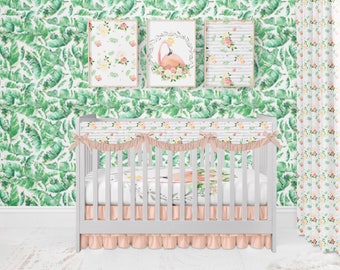 Floral Flamingo Crib Bedding Set. Toddler Sheet. Baby Bedding. Flamingo Baby Bedding. Flamingo Bedding Set. Monstera Palm Wallpaper.