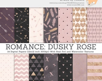 3 FOR 2. ROMANCE digital paper. Gold Foil / Dusky Rose / Mauve / Charcoal / Cream / Watercolor Texture Paper. Valentines Day Paper Pattern.