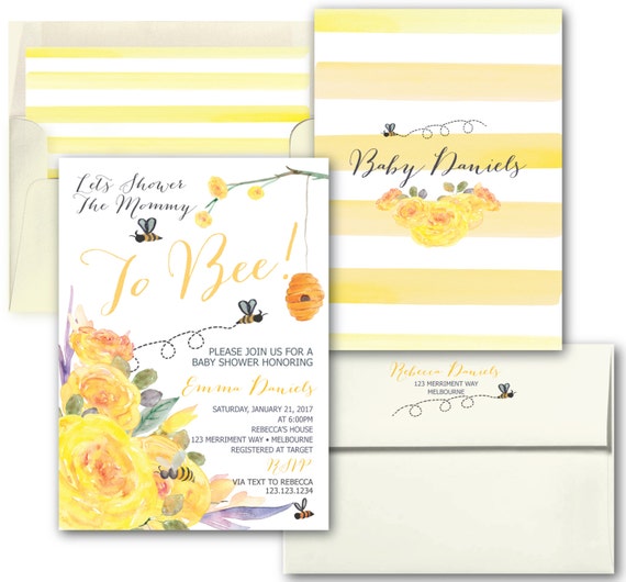 Bee Baby Shower Invitation // Yellow Baby Shower Invitation // Stripes // Floral // Bees // Black // Watercolor // MELBOURNE COLLECTION Il_570xn
