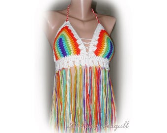 Rainbow Crochet Hippie Halter Top With Fringe Made to order in your Size! Comfortable Festival or Yoga Top