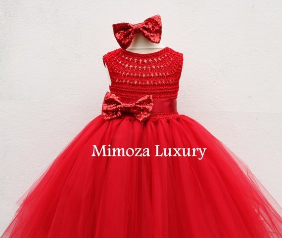 Red Flower girl dress, red tutu dress, red bridesmaid dress, red princess dress, red crochet top tulle dress, red hand knit tutu dress