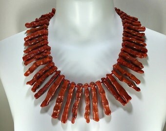 Finger Coral Necklace, Red Necklace, Bib Necklace, Bamboo Necklace, Beaded Necklace, Big Necklace, Sterling Necklace, Statement Necklace