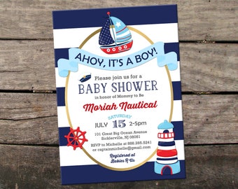 10% OFF Printed or Digital Nautical Baby Shower Invitation Ahoy It's A Boy Baby Shower Invitation Sailor Baby Shower Invitation