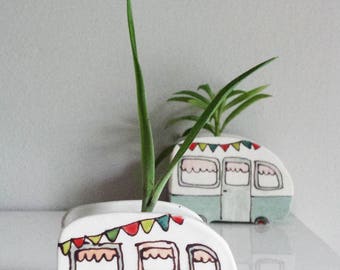 Mini turquoise vintage caravan vase for plants. Perfect for cactus, succulent. Mini planter
