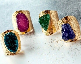 Druzy Agate Statement Gold Ring, Druzy Stone Ring, Adjustable Druzy Ring, Crystal Ring, Real Stone Ring, Colourful Statement Ring, Cocktail