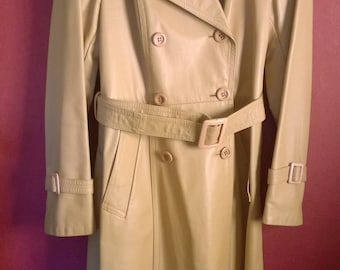 Vintage 70s mac Leather Cream VINTAGE 1970s COAT Womens Leather Long coat Cream 38-40 Trench Coat Leather genuine Belted coat RARE