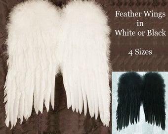 Feather Angel Wings in White or Black ~ 4 sizes ~ Wedding Flower Girl, Fairy Wings, Costume, Fantasy, Christmas.