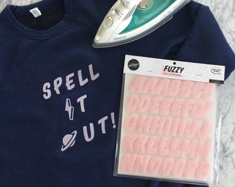 Iron On Letters – Fuzzy, Flocked Alphabet + Icons – Pastel Blush Pink – Mix w/ Patches