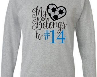 Soccer mom shirt. Personalized with player's number. My heart belongs to my player grey long sleeve tee. Custom soccer mom tshirt