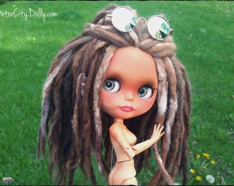 Sunny, a Custom OOAK Blythe Doll Hippie Chick by Sandra Coe (Custom #47) Tan Skin with Alpaca & Wool Needlefelted Dreadlocks