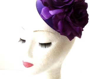 Purple Rose Flower Pillbox Hat Fascinator 1950s Rockabilly Vintage Hair 40s 1836