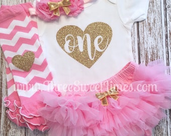 First Birthday Baby Girl Outfit | 1st Bodysuit | Light Pink Gold Glitter | 1st Photo Shoot Smash Cake | Leg Warmer Tutu Bloomer Headband