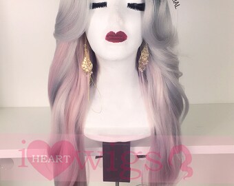 Luxy - Ombre Black Grey/ Gray/ Pink Color Lose Curl Long Weave Wig/ Synthetic Wig with Layer Bangs / Pink Wig/lace front part