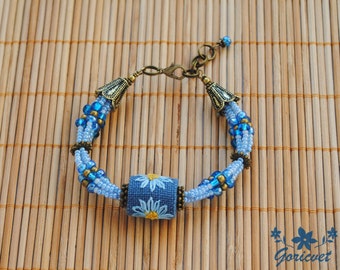 Blue bracelet beaded bracelet flower girl gift for daughter niece gift daisy bracelet seed beads bracelet hand embroidered jewelry handmade