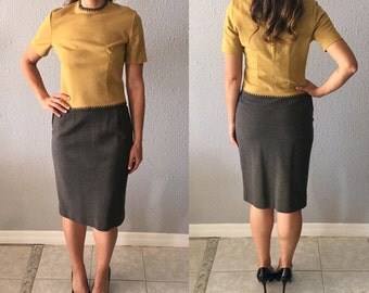 1960's Jackie Kennedy Chartreuse and Grey Mid Century Secretary Vintage Madmen Two Piece Dress