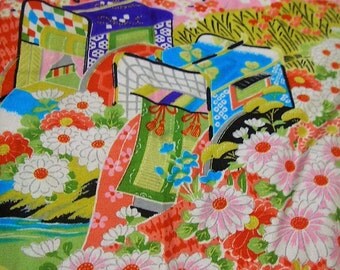 85: Japanese vintage kimono jyuban cotton pink red white chrysanthemum flower carriage colorful