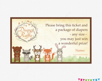 Woodland Baby Shower, Diaper Raffle Ticket, Diaper Raffle Sign and Raffle Cards, Woodland Animals Baby Shower, Printable Download WD01