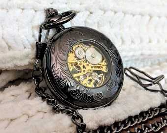 Personalized pocket watch, engraved black pocket watch, mechanical watch, boyfriend gift, vintage pocket watch boyfriend gift skeleton watch