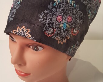 Neon Sugar Skulls Euro Scrub Cap, nurse, chemo, vet, surgical cap, uniform, chef, alopecia, OR caps, cotton, black burnout fabric