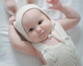 Bunny Ears Hat, Donkey Ears Hat, White Baby Hat with pink ears, Gray Baby hat with white ears, Hand knit baby hat, newborn hat, infant hat