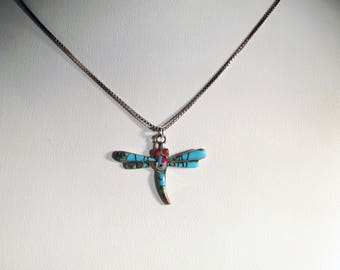 Native American Zuni - Sterling Silver and Multi Stone Channel Inlay Dragonfly Pendant - Necklace 1405 C