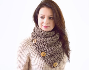 Crochet Chunky Neck Warmer Cowl Scarf with Three Natural Coconut Shell Buttons | The North Bay