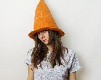 Wizard Hat, Witch Hat, Orange Felt Hat, Felted Costume Hat, Gnome Hat, Wide Brim Hat, Festival Hat, Cosplay LARP Headdress