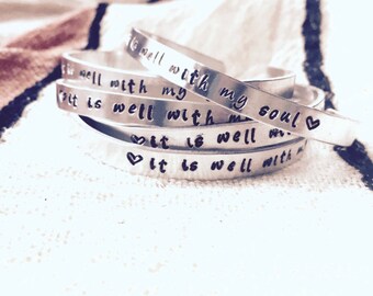 Handstamped Bible Verse Bracelet, It Is Well With My Soul, Inspirational Bangle, Gift for Her, Scripture Bracelet, Layering Skinny Bangles